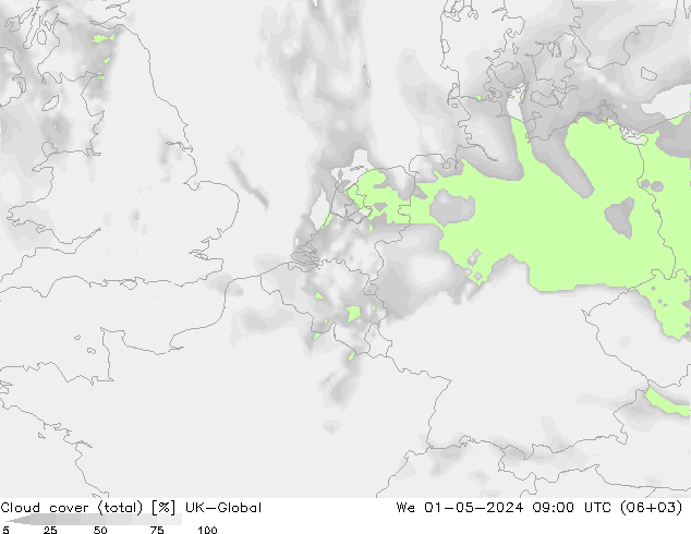 zachmurzenie (suma) UK-Global śro. 01.05.2024 09 UTC