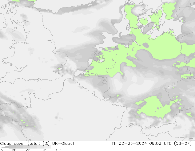 Cloud cover (total) UK-Global Th 02.05.2024 09 UTC