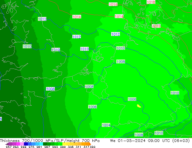 Thck 700-1000 hPa UK-Global We 01.05.2024 09 UTC