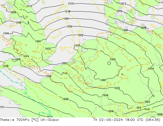 Theta-e 700hPa UK-Global Th 02.05.2024 18 UTC