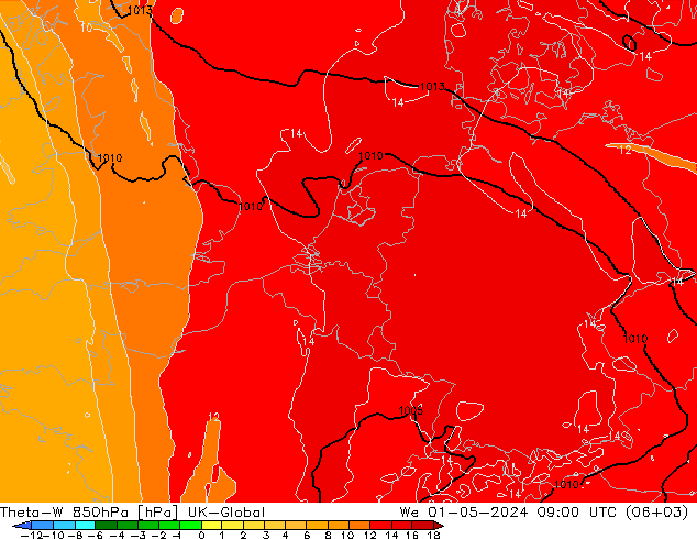 Theta-W 850hPa UK-Global We 01.05.2024 09 UTC