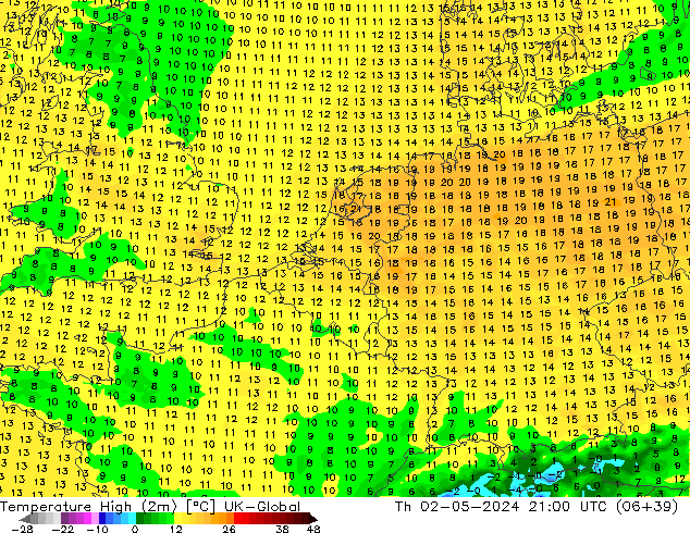 Nejvyšší teplota (2m) UK-Global Čt 02.05.2024 21 UTC