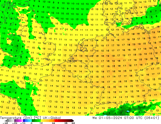 Temperatura (2m) UK-Global mer 01.05.2024 07 UTC