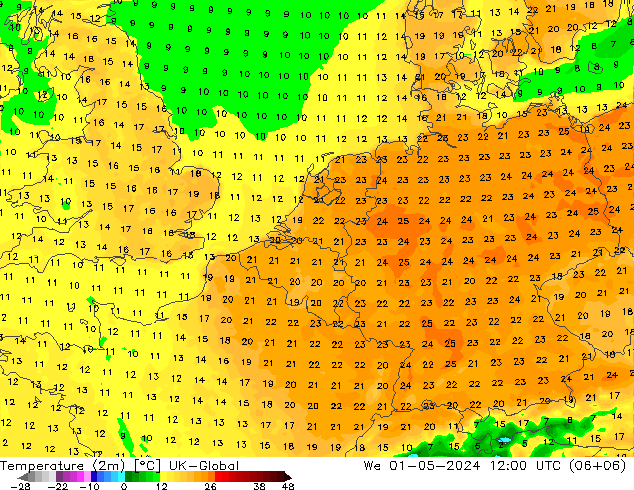 Temperaturkarte (2m) UK-Global Mi 01.05.2024 12 UTC