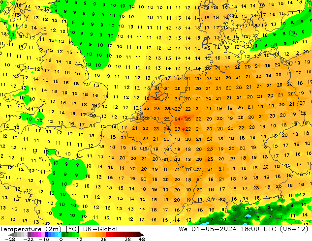 Temperaturkarte (2m) UK-Global Mi 01.05.2024 18 UTC