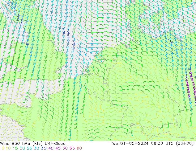 Wind 850 hPa UK-Global We 01.05.2024 06 UTC