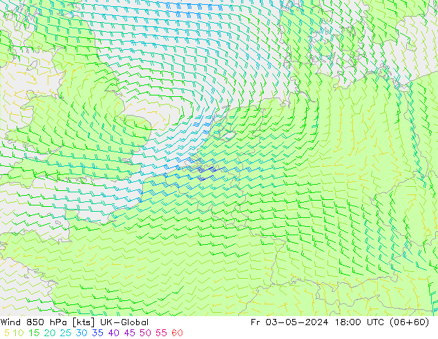 Wind 850 hPa UK-Global Fr 03.05.2024 18 UTC