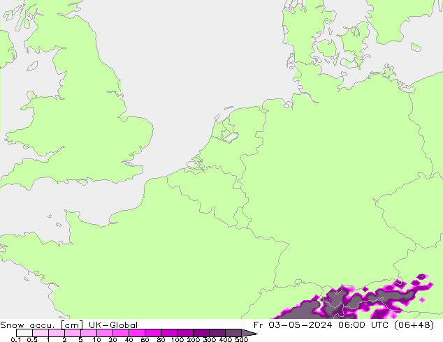 Snow accu. UK-Global Fr 03.05.2024 06 UTC