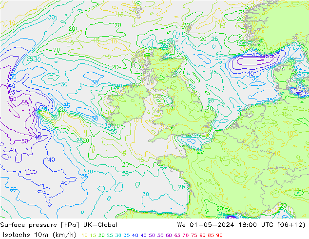 Eşrüzgar Hızları (km/sa) UK-Global Çar 01.05.2024 18 UTC