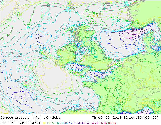 Isotachs (kph) UK-Global Th 02.05.2024 12 UTC