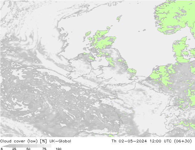 Bewolking (Laag) UK-Global do 02.05.2024 12 UTC