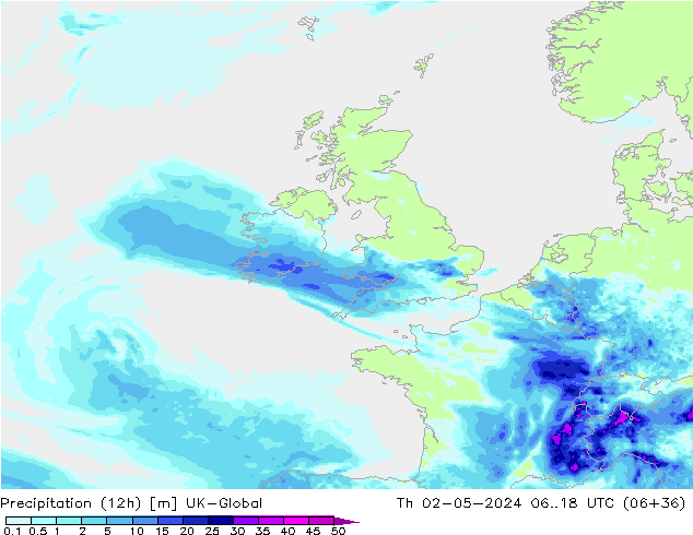 Precipitazione (12h) UK-Global gio 02.05.2024 18 UTC