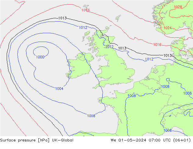 Pressione al suolo UK-Global mer 01.05.2024 07 UTC
