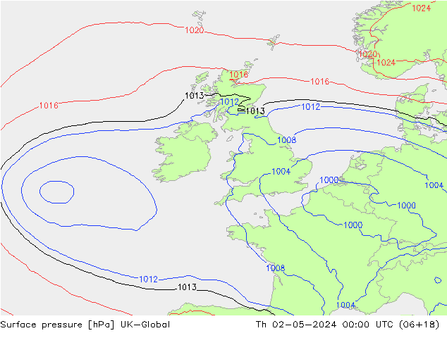 Pressione al suolo UK-Global gio 02.05.2024 00 UTC