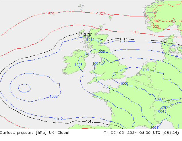 Surface pressure UK-Global Th 02.05.2024 06 UTC