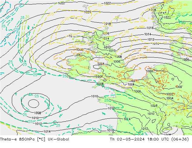 Theta-e 850гПа UK-Global чт 02.05.2024 18 UTC