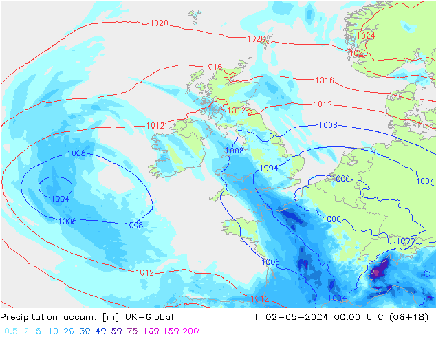 Precipitation accum. UK-Global Th 02.05.2024 00 UTC