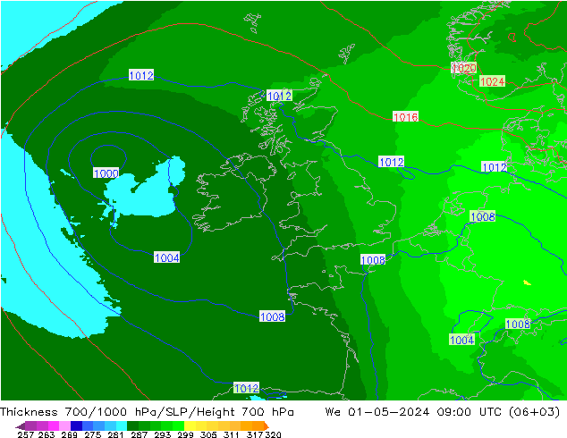 Thck 700-1000 hPa UK-Global We 01.05.2024 09 UTC