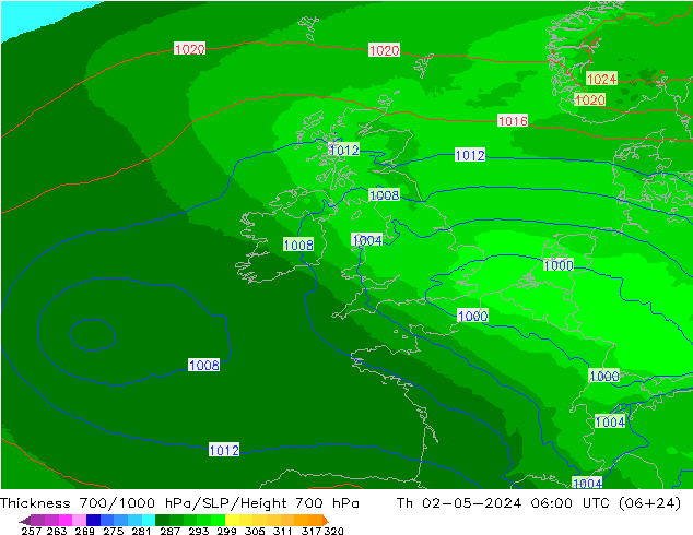 Thck 700-1000 hPa UK-Global gio 02.05.2024 06 UTC