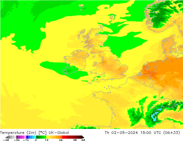 Temperature (2m) UK-Global Th 02.05.2024 15 UTC