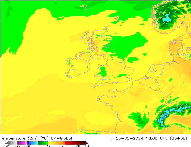 Temperature (2m) UK-Global Fr 03.05.2024 18 UTC