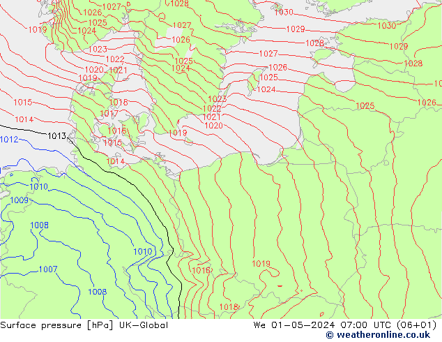 Pressione al suolo UK-Global mer 01.05.2024 07 UTC