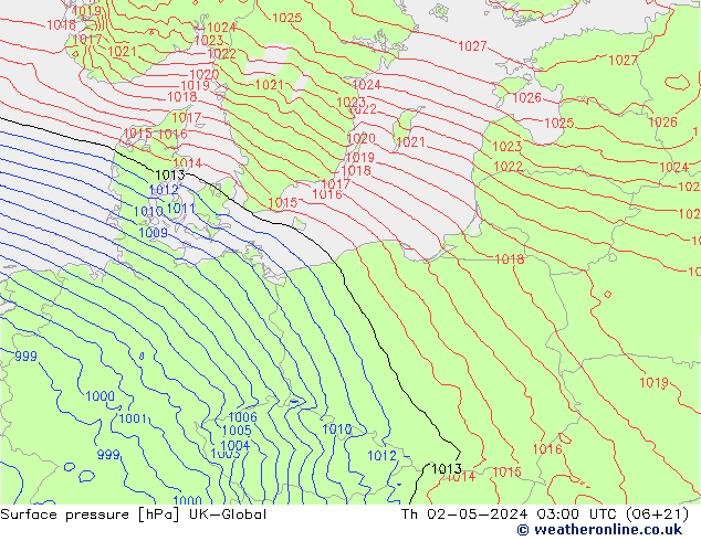 Surface pressure UK-Global Th 02.05.2024 03 UTC