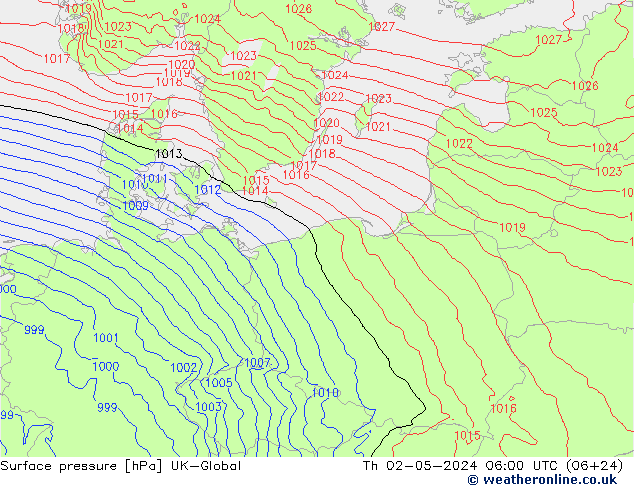 Surface pressure UK-Global Th 02.05.2024 06 UTC