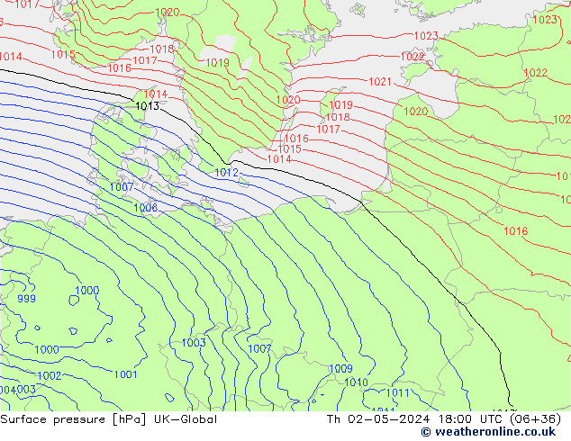 Pressione al suolo UK-Global gio 02.05.2024 18 UTC