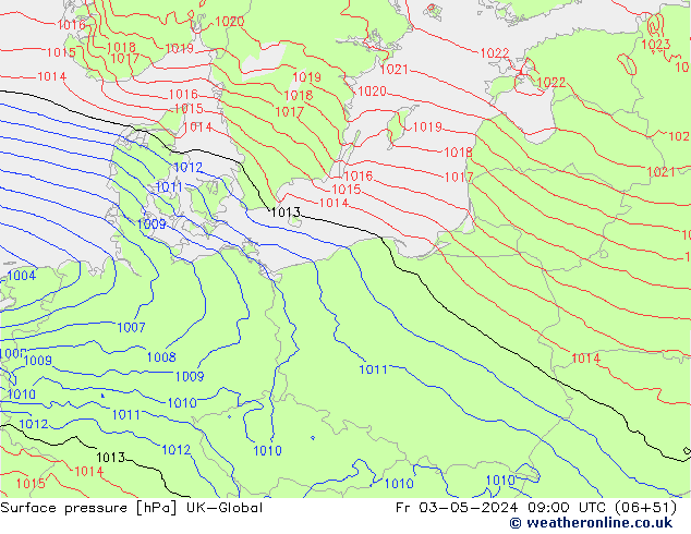 Pressione al suolo UK-Global ven 03.05.2024 09 UTC