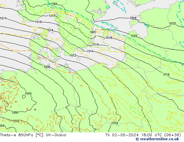 Theta-e 850hPa UK-Global Per 02.05.2024 18 UTC