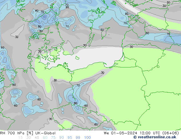 Humidité rel. 700 hPa UK-Global mer 01.05.2024 12 UTC