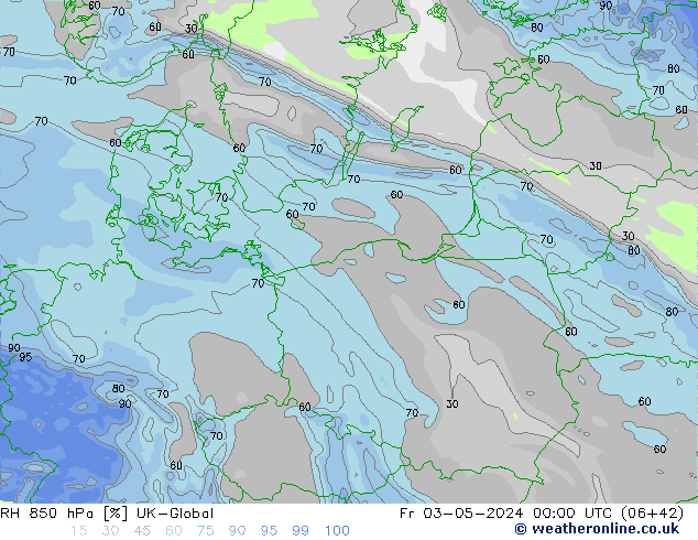 RH 850 hPa UK-Global Fr 03.05.2024 00 UTC