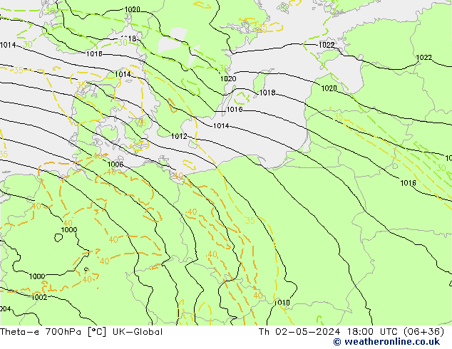 Theta-e 700hPa UK-Global Qui 02.05.2024 18 UTC