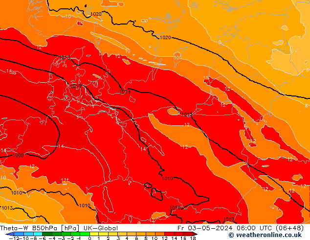 Theta-W 850hPa UK-Global Pá 03.05.2024 06 UTC