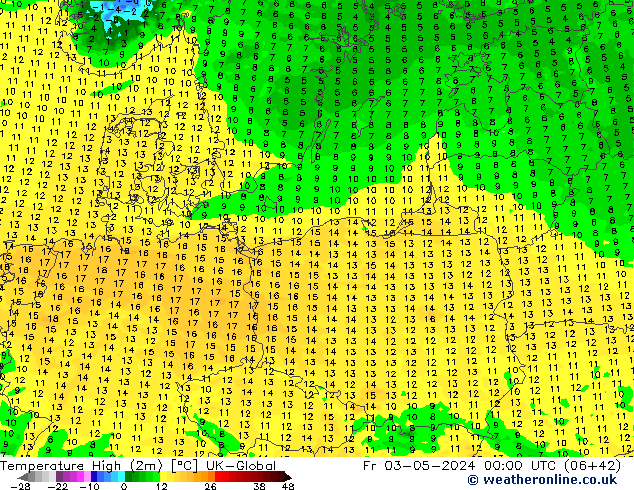 Temp. massima (2m) UK-Global ven 03.05.2024 00 UTC