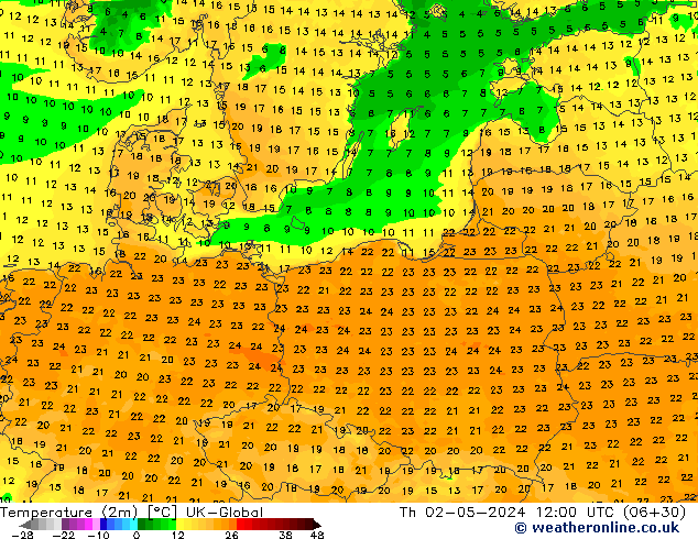 Temperature (2m) UK-Global Čt 02.05.2024 12 UTC