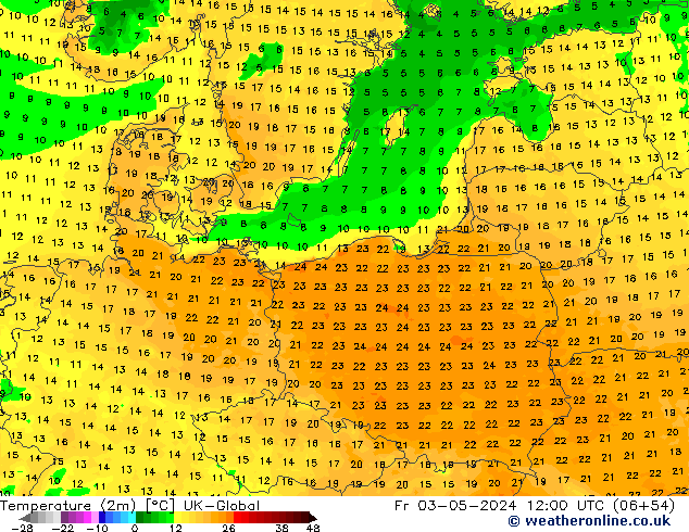 Temperature (2m) UK-Global Fr 03.05.2024 12 UTC