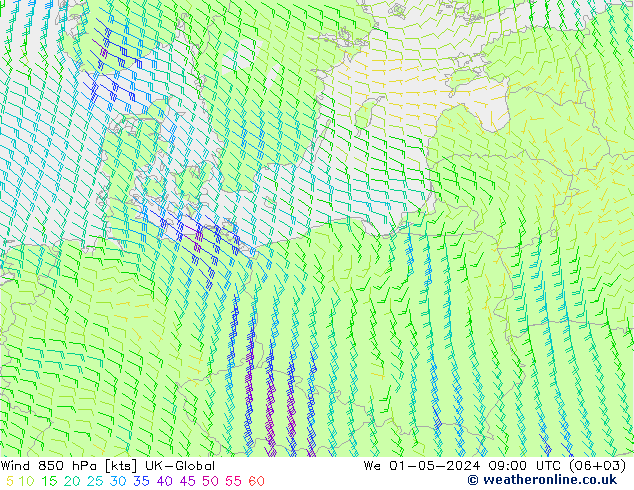 Wind 850 hPa UK-Global We 01.05.2024 09 UTC