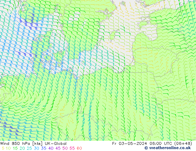 Wind 850 hPa UK-Global Pá 03.05.2024 06 UTC