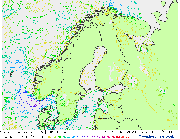 Isotachs (kph) UK-Global We 01.05.2024 07 UTC