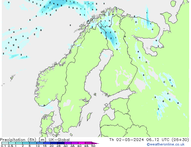 Precipitation (6h) UK-Global Th 02.05.2024 12 UTC