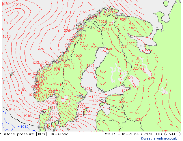 Pressione al suolo UK-Global mer 01.05.2024 07 UTC