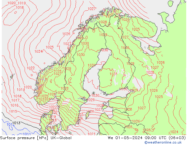Atmosférický tlak UK-Global St 01.05.2024 09 UTC