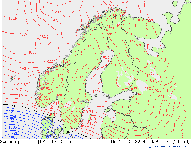 Surface pressure UK-Global Th 02.05.2024 18 UTC