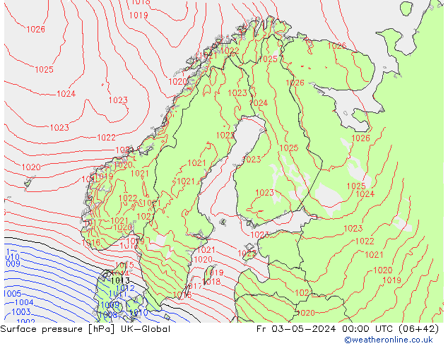 Pressione al suolo UK-Global ven 03.05.2024 00 UTC