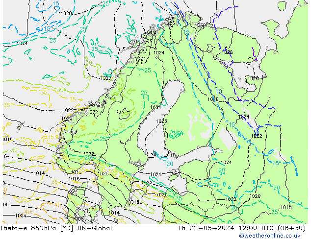Theta-e 850hPa UK-Global Th 02.05.2024 12 UTC