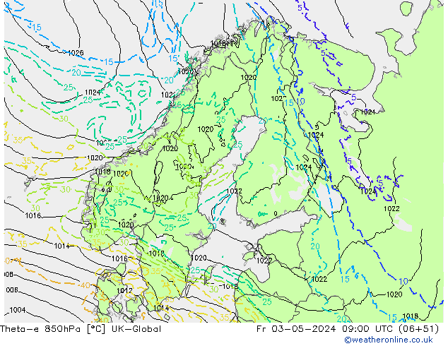 Theta-e 850hPa UK-Global Fr 03.05.2024 09 UTC