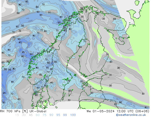 RH 700 hPa UK-Global Mi 01.05.2024 12 UTC