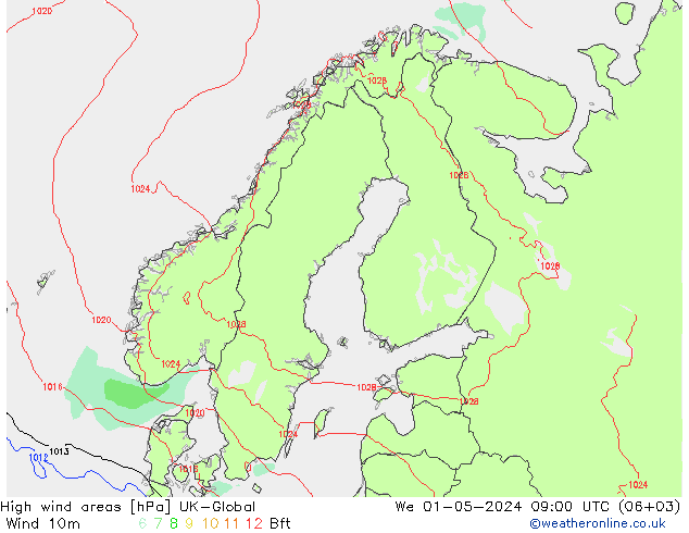 High wind areas UK-Global mié 01.05.2024 09 UTC